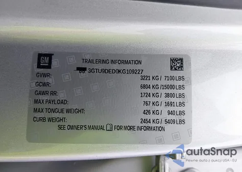 2019 GMC Sierra 1500 Slt z USA, uszkodzony, nr VIN 3GTU9DED0KG109227